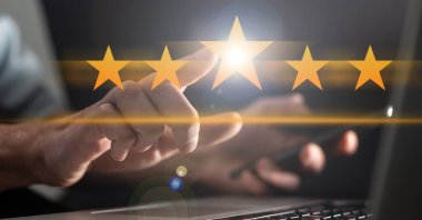 Please rate us banner wtih customer hand give five golden stars. High quality photo clipart