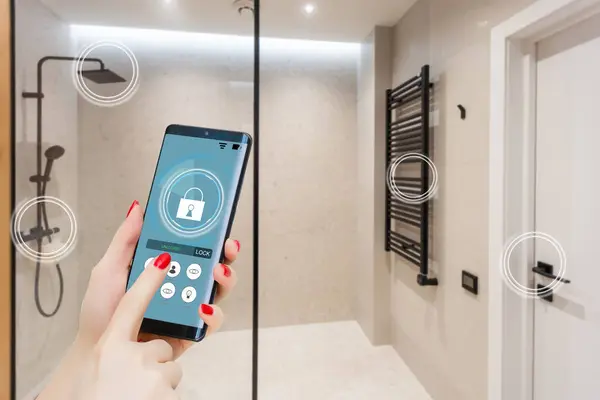 smart house, home automation, device with app icons. woman uses his smartphone with smarthome security app to unlock the door of his house