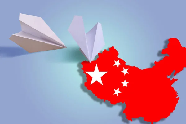 plane figure on china map. Plane taking off from china map