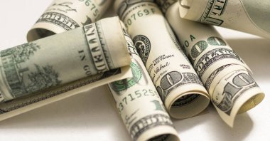 Beyaz arka plan önünde rol dolarlık banknotlar.