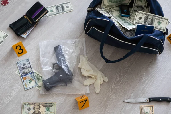 robbers in black bag with money. High quality photo