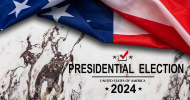 Politics and voting concept. Part of the American flag with Presidential election 2024 text on white paper over a vintage background . High quality photo clipart