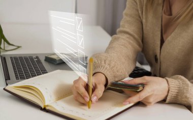 Online documentation database and document management system concept. Businesswoman working on laptop with virtual screen. Process automation to efficiently manage files.