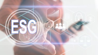 Sanal ekran. ESG çevresel sosyal yönetim kavramı. İş stratejisi.