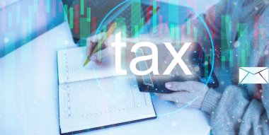 Business hand clicks virtual screen to tax return online for tax payment. Government, state taxes. Data analysis, paperwork, financial research, report. Calculation tax return.