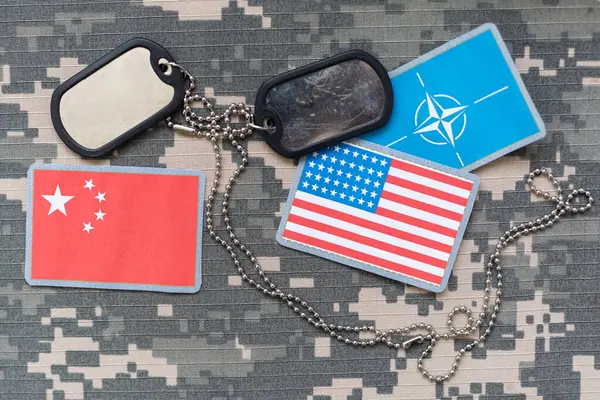 Close up of american flag china and soldiers badges.Veterans Day Concept. High quality photo