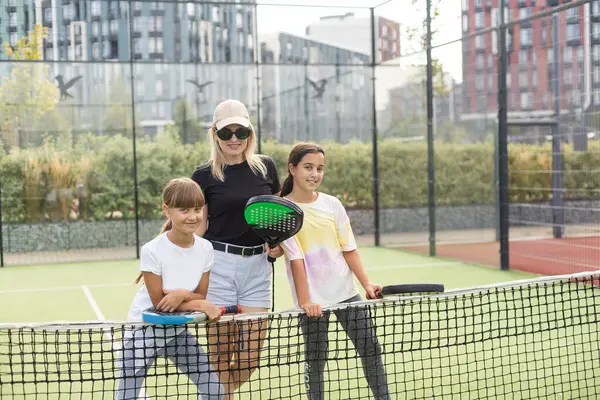 Active Young Woman Practicing Padel Tennis Group Players Tennis Court — Stock Photo, Image
