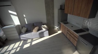 Modern oturma odası ve mutfak küçük daire.