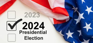 Amerika 'da başkanlık seçimleri. Amerikan bayrağının arka planındaki oylama ve 2024. 3 boyutlu görüntüleme. Yüksek kalite fotoğraf