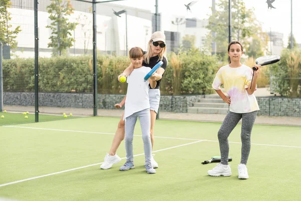 Active Young Woman Practicing Padel Tennis Group Players Tennis Court — Stock Photo, Image