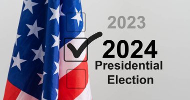 Amerika Birleşik Devletleri 'nde 2024 başkanlık seçimleri mavi arkaplan duvarında yansıma şablonu olarak yapıldı. Yüksek kalite fotoğraf