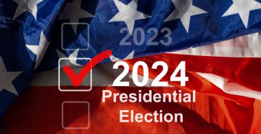 Amerika 'da başkanlık seçimleri. Amerikan bayrağının arka planındaki oylama ve 2024. 3 boyutlu görüntüleme. Yüksek kalite fotoğraf