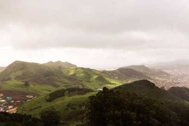 Yağmurlu bir günde Tenerife 'nin kuzey kıyısındaki yeşil vadinin manzarası, Kanarya Adaları, İspanya.
