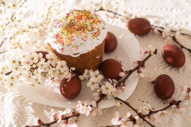 Paskalya pastası ve renkli yumurtalar. Geleneksel Paskalya pastası. Paskalya tatili. Yakın plan.