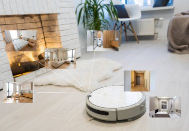Modern oturma odasının arka planında robot süpürge zemininde akıllı ev uygulaması