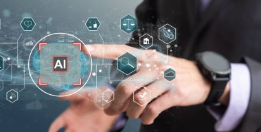 Yapay zeka konsepti işadamı ai 'yi bilgisayar ekranında tutuyor ve belge yönetim sistemi ve veri analizi için kullanıyor. Yüksek kalite fotoğraf