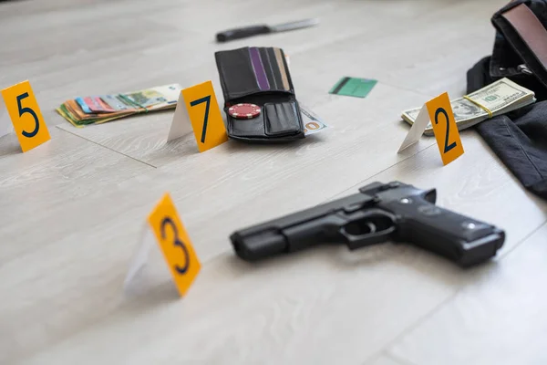 evidence markers and objects on floor of residential apartment. High quality photo