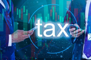 Business hand clicks virtual screen to tax return online for tax payment. Government, state taxes. Data analysis, paperwork, financial research, report. Calculation tax return.