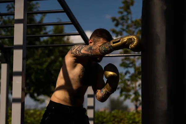 ボクサー選手の男は屋外で訓練する準備手袋をはめて — ストック写真