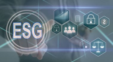 ESG simge kavramı, çevre, toplum ve sürdürülebilir sektörde iyi yönetim kavramında sanal ekran görüntüsü ve ağ üzerinde etik.