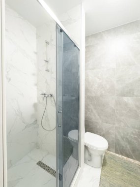 Cam duş kabini olan tuvalet, kiralık tatil dairesinde beyaz porselen lavabo. Yüksek kalite fotoğraf