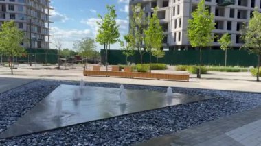 Parkta ağaçlar ve su kaynaklarıyla çevrili sıvı bir çeşme. Yüksek kalite fotoğraf