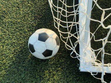 Yeşil çim tarlasıyla gol ağındaki futbol topu. Yüksek kalite fotoğraf