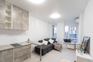 Rahat stüdyo daire tasarımı. Yatak odası, oturma odası ve mutfak köşesi olan bir otel odası. Daire ve iç mekan kavramı.