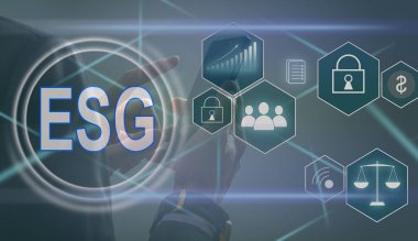 ESG simge kavramı, çevre, toplum ve sürdürülebilir sektörde iyi yönetim kavramında sanal ekran görüntüsü ve ağ üzerinde etik.