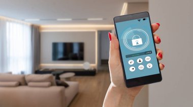 Akıllı uygulamalı cep telefonu akıllı ev otomasyonu uzaktan kumanda teknolojisi konsepti. Yüksek kalite fotoğraf