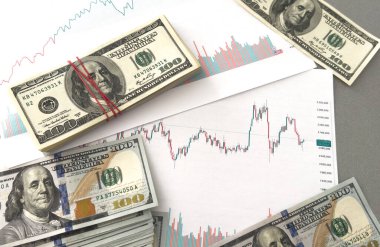 Finansal grafiklerde hesap makinesi ve dolar. Yüksek kalite fotoğraf