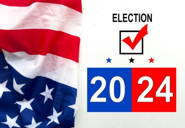 Birleşik Devletler 'de 2024 Başkanlık Seçimi. Oylama günü, 5 Kasım. Amerikan seçim kampanyası. Seçiminizi Vatansever Amerikan illüstrasyonuyla yapın. Poster, kart, afiş ve geçmiş. Yüksek kalite fotoğraf