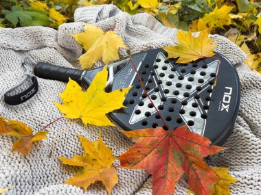 Ukrayna Kyiv, 22 Ekim 2024 padel raket nox ve sarı sonbahar yaprakları. Yüksek kalite fotoğraf