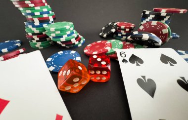 poker cards, chips and dice - close up. High quality photo clipart