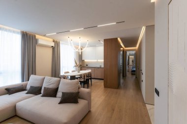 Lüks apartmandaki oturma odasındaki kanepe iç dekorasyon mobilyalarını gösteriyor. Yüksek kalite fotoğraf