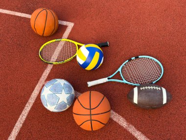 Çeşitli Spor Malzemeleri ve bir sürü farklı aksesuar. Yüksek kalite fotoğraf