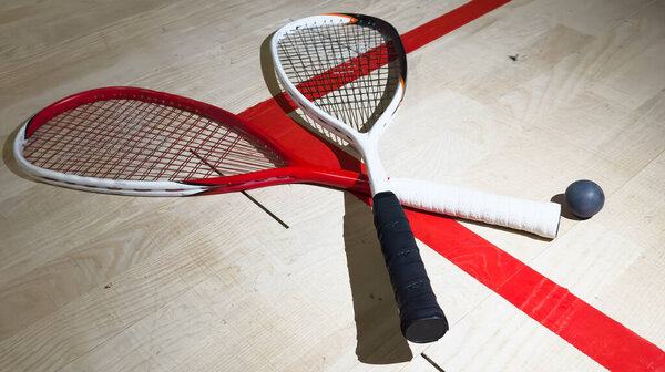 Empty squash court and rackets on the wooden floor. High quality photo