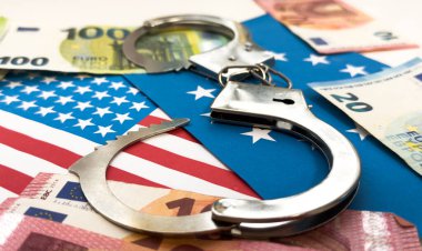 United States of America flag with handcuffs. Currency corruption in the country. Financial crimes. High quality photo clipart