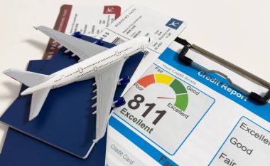 Banka hesabındaki uçak modeli ve tahta masadaki kredi kartı. Seyahat konseptiyle ilgili finans. Yüksek kalite fotoğraf