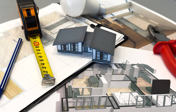 Архитектурная модель на столе, чертежи технических инструментов и чертежей. Архитектура, строительство, строительство и недвижимость. Высокое качество фото