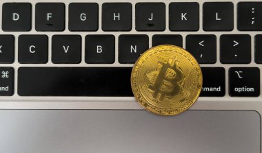 Altın bitcoin sikkeler, dizüstü bilgisayarlar, flaş bellek, yakın çekim. Kripto para birimi konsepti. Yüksek kalite fotoğraf