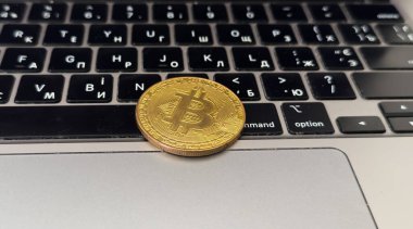 Altın bitcoin sikkeler, dizüstü bilgisayarlar, flaş bellek, yakın çekim. Kripto para birimi konsepti. Yüksek kalite fotoğraf