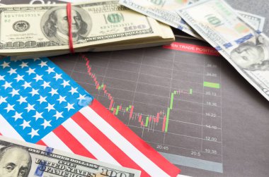 Bir grafiğin arka planına karşı Amerikan doları. Amerikan ekonomisi. Amerika 'daki ekonomik kriz. Kârda azalma. Durgunluk. Yüksek kalite fotoğraf
