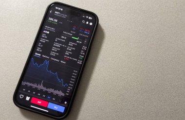 Kyiv, Ukrayna - 20 Mart 2025: Microsoft MSFT borsası. Finansal grafikler, yatırım, dijital bankacılık konsepti fotoğrafı. Elinde borsa uygulaması olan akıllı bir telefon. Yüksek kalite fotoğraf