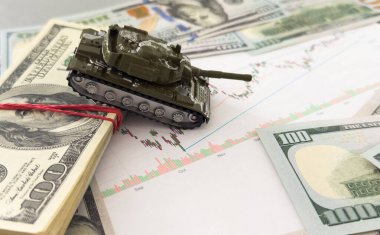 Amerikan doları banknotlarındaki ana savaş tankı arka planda. ABD ticaret savaşı ve döviz savaşı kavramı. Yüksek kalite fotoğraf