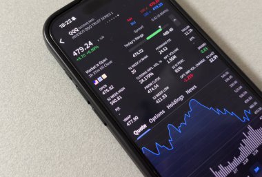 Cep telefonu ekran şirketindeki Tesla logosu hisse senedi borsasında yükseliş veya düşüş - Kyiv, Ukrayna - 20 Mart 2025 Yüksek kalite fotoğraf