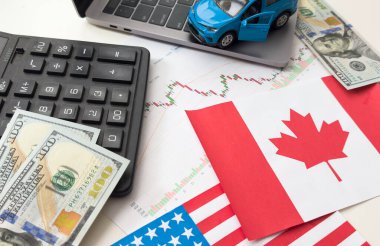 ABD ve Kanada bayrakları, dolar, çizelgeler. Yüksek kalite fotoğraf