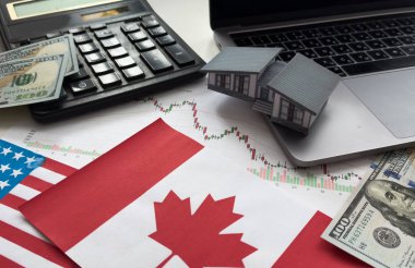 ABD ve Kanada bayrakları, dolar, çizelgeler. Yüksek kalite fotoğraf