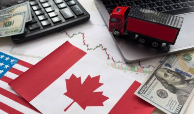 ABD ve Kanada bayrakları, dolar, çizelgeler. Yüksek kalite fotoğraf