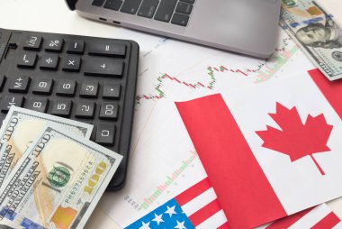 ABD ve Kanada bayrakları, dolar, çizelgeler. Yüksek kalite fotoğraf